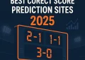 Correct Score Prediction Sites 2025 graphic featuring a digital football scoreboard with match scores 2–1, 1–1, 3–0 and Stadscore branding in orange and navy blue