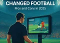 Football referee reviewing a VAR monitor with an offside decision displayed, illustrating how VAR has changed football in 2025 with its pros and cons