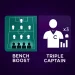 Infographic illustration of Fantasy Premier League chips showing Bench Boost with a glowing substitutes bench on a digital football pitch and Triple Captain highlighted with a captain’s armband icon and upward arrows, set on a purple background