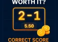 Correct Score Betting Strategy 2025 graphic featuring a digital scoreboard showing 2–1, football pitch background, and Stadscore orange and navy branding